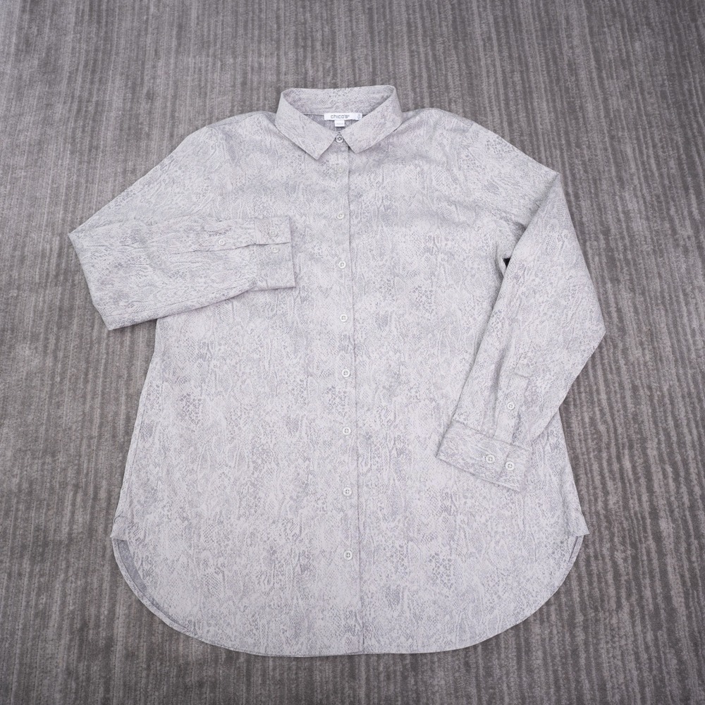 Chico's Button Up Shirt Women 1.5 US 10 Grey Snakeskin Print Long Sleeve